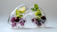 Anatomical lung-shaped glass vessels filled with fresh fruits and vegetables, purple cabbage, lime slices, and herbs creating artistic food composition on gray background.