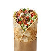 Grilled chicken wrap with fresh vegetables, lettuce, tomatoes, and herbs wrapped in whole wheat tortilla, isolated on white background for food service, restaurant menus, and culinary marketing materials.