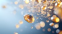 Sparkling water drops and golden bokeh lights creating magical atmosphere against blue background. Dynamic splash with floating droplets in macro photography.