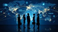 Business professionals silhouettes standing against global network connections map with glowing nodes and data flow lines representing worldwide teamwork.