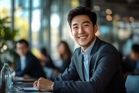 Young Asian businessman smiling confidently during meeting in modern office space with blurred colleagues in background, professional corporate environment.