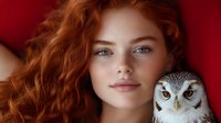 Young woman with natural red curly hair and freckles posing with white snowy owl against red background, creating magical and mystical atmosphere.
