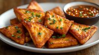Crispy fried wontons garnished with fresh herbs served on white plate with sweet chili dipping sauce, close up view on wooden table background.