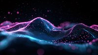 Glowing neon waves with pink and blue gradient colors flow through dark space creating dynamic motion effect against starry background with bokeh particles.