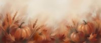 Autumn harvest border with orange pumpkins, wheat stalks and fallen leaves on warm beige background for seasonal thanksgiving decorations.