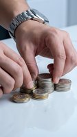 Male hand with metal watch stacking British pound coins on white surface, representing financial growth, savings, investment, and wealth management for business concepts.