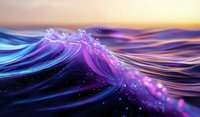 Glowing ocean wave with vibrant purple and blue colors crashing at sunset, creating magical water splash effect with sparkles and luminescent foam.