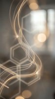 Abstract golden light trails flowing through blurred modern interior space with warm bokeh effects creating dynamic motion and energy atmosphere.