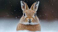 Brown bunny portrait in winter with falling snow, close up view of adorable rabbit face with long ears against blurred snowy background. Perfect for seasonal greeting cards.