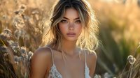 Young woman with blonde hair in white lace dress poses in golden sunlit meadow with wild flowers and grass during sunset, dreamy summer portrait with natural backlight.
