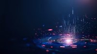 Futuristic digital city skyline emerging from glowing circular platform with light beams and particles, deep blue and pink color scheme for technology concepts.