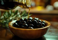 Olive oil pouring from bottle onto black olives in wooden bowl on rustic table with herbs, Mediterranean cuisine ingredient.