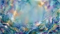 Watercolor digital landscape with flowing abstract circuits, technology elements, and soft pastel colors blending across canvas for modern design projects.