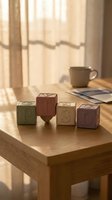 Wooden blocks spelling PTSD arranged on desk with cup and notebook, sunlit window background for mental health awareness and psychology education.