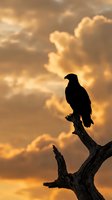 Majestic eagle silhouette perched on dead tree branch against dramatic golden sunset sky with storm clouds for wildlife and nature themes.