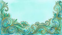 Ornamental flourish border with swirling scrolls and leaf motifs in turquoise and gold tones on light background, isolated for design use on invitations, cards, and web graphics.