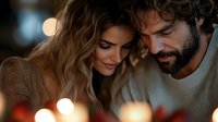 Young romantic couple sharing intimate moment at candlelit dinner, with soft bokeh lights creating warm atmospheric mood. Hispanic woman and bearded man smiling.