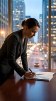 Professional businesswoman writing documents at office desk during evening hours with city skyline and illuminated buildings in background.