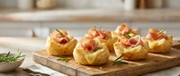 Golden puff pastry appetizers filled with creamy cheese and topped with prosciutto ham on rustic wooden board, ready for entertaining and party serving.