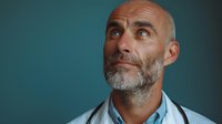 Confident mature male medical professional with gray beard and bald head wearing white coat and stethoscope looking up thoughtfully against teal background, perfect for healthcare advertising.
