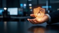 Businessman hand holding glowing cybersecurity shield icon in modern office environment for data protection and network security concepts.