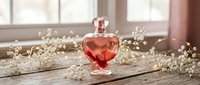 Heart-shaped pink perfume bottle surrounded by delicate white flowers on rustic wooden surface near window. Romance, love, fragrance concept.