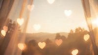 Romantic sunset view through window with heart-shaped bokeh lights creating dreamy atmosphere for wedding, Valentine's Day and love concepts.