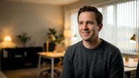 Smiling Caucasian businessman in casual gray sweater sitting in modern office workspace with natural lighting and plants in background.
