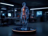 Futuristic holographic projection showing glowing blue human anatomy with highlighted spine on circular platform against dark office background.