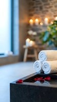 Luxury spa setting with rolled white towels and rose petals on wooden tray, warm ambient lighting and brick wall background for wellness and relaxation.