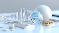 Crystal glass ball with world map reflection alongside rising bar chart and gold coins on white surface, business concept for global financial growth and investment analysis.