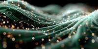 Abstract flowing teal waves with golden bokeh lights against dark background, creating ethereal atmosphere for luxury branding and modern design projects.