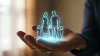 Businessman holding holographic family protection concept with glowing blue figures representing insurance coverage and financial security planning.