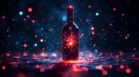 Glowing wine bottle silhouette against dark background with red and blue bokeh lights creating magical atmosphere. Festive holiday concept for celebration.