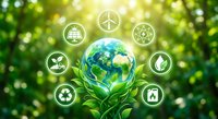 Green earth globe surrounded by eco-friendly icons and leaves on natural bokeh background representing sustainable energy and environmental protection.