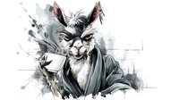 Grumpy anthropomorphic rabbit in business attire holding coffee cup against abstract watercolor background, artistic character design for animation and gaming projects.