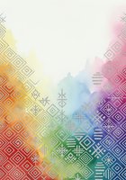 Colorful gradient background with geometric patterns transitioning from warm orange and yellow tones to cool blue and purple hues, featuring abstract watercolor effects and decorative line elements for design projects.
