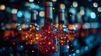 Wine bottle with glowing red lights inside against blurred bokeh background creates magical holiday atmosphere. Festive drink concept for celebrations.