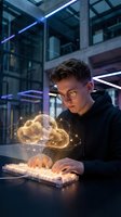 Young Caucasian male programmer working with holographic cloud computing technology in modern office environment with futuristic lighting effects.