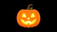 Glowing jack-o-lantern pumpkin with carved face and illuminated eyes on black background, isolated for Halloween designs and seasonal decorations.