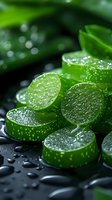 Fresh sliced cucumber with water drops on black stones, macro photography showing vibrant green vegetable texture and natural moisture for spa concept.