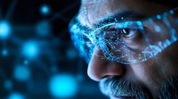 Mature Caucasian man viewing futuristic DNA hologram interface with glowing blue particles and network connections in dark setting, representing biotechnology advancement.