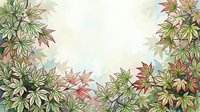 Colorful autumn foliage with variegated leaves in shades of red, green, and pink arranged as a natural border frame on soft neutral background for seasonal design projects.