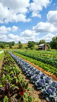 Organic vegetable garden with rows of cabbage and leafy greens on sustainable farm with rustic barn under dramatic cloudy sky for agriculture concepts.