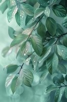 Fresh green leaves with morning dew drops in soft focus. Natural floral background with water droplets creating dreamy atmosphere in mint tones.