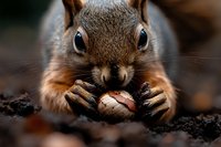 Close up portrait of red squirrel eating nut in autumn forest. Detailed macro shot shows tiny paws and whiskers against dark natural background.