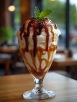 Decadent milkshake topped with whipped cream, chocolate and caramel drizzle, mint leaves and sprinkles served in classic sundae glass on wooden table in cafe setting.