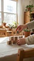 Woman hands arranging wooden blocks with eco-friendly symbols on table in cozy home interior with plants and natural light for sustainable living concept.