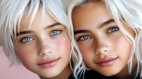 Young female twins with platinum blonde hair and striking blue eyes in close-up portrait showing natural beauty and symmetry against neutral background.