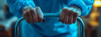 Elderly hands gripping walker, close-up view of senior patient in hospital gown showing age spots and wrinkles during rehabilitation or medical care.
